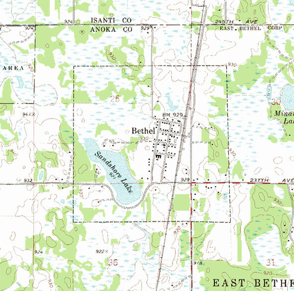 Topographic map of the Bethel Minnesota area