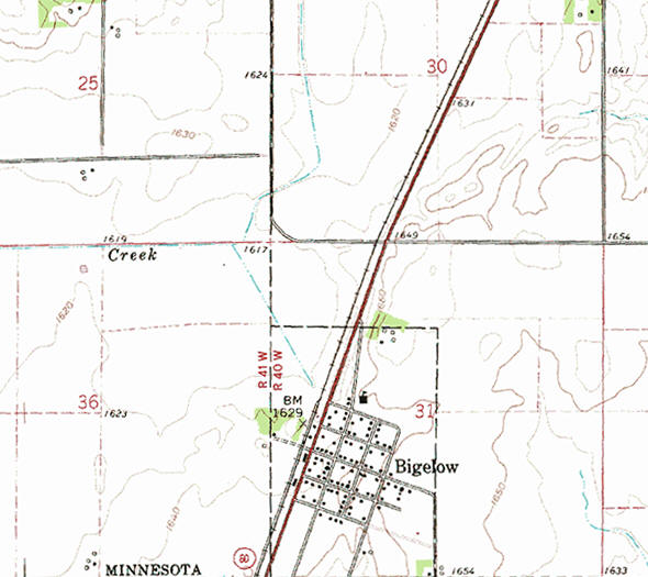 Topographic map of the Bigelow Minnesota area