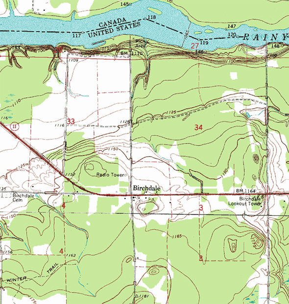 Topographic map of the Birchdale Minnesota area