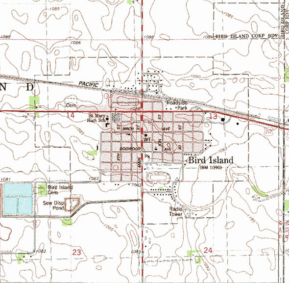 Topographic map of the Bird Island Minnesota area