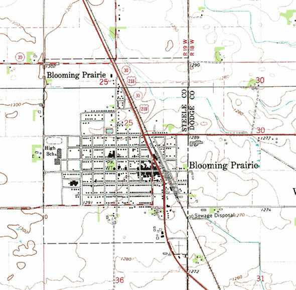 Topographic map of the Blooming Prairie Minnesota area