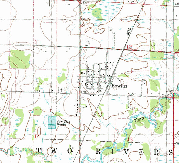 Topographic map of the Bowlus Minnesota area