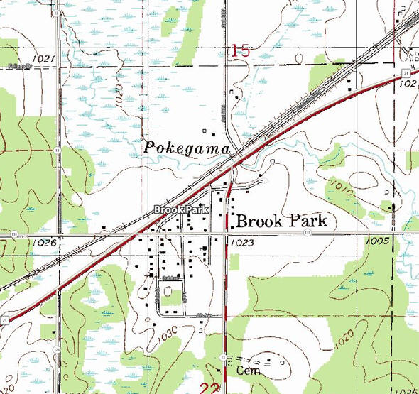 Topographic map of the Brook Park Minnesota area