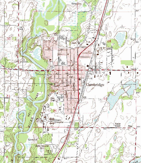Topographic map of the Cambridge Minnesota area