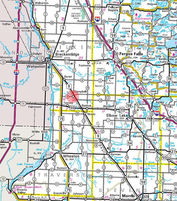 Minnesota State Highway Map of the Campbell Minnesota area