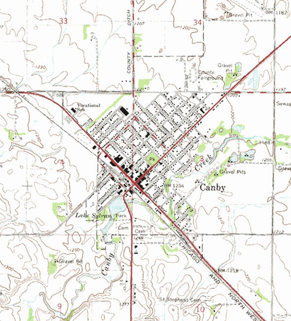 Topographic map of the Canby Minnesota area