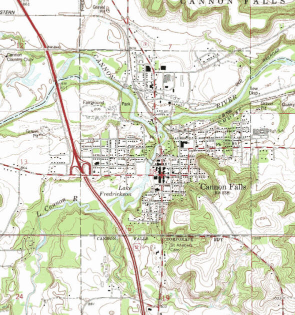 Topographic map of the Cannon Falls Minnesota area