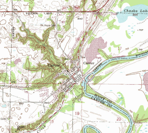 Topographic map of the Carver Minesota area
