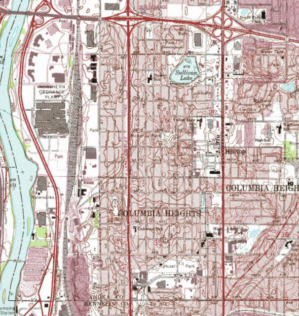 Topographic map of the Columbia Heights Minnesota area