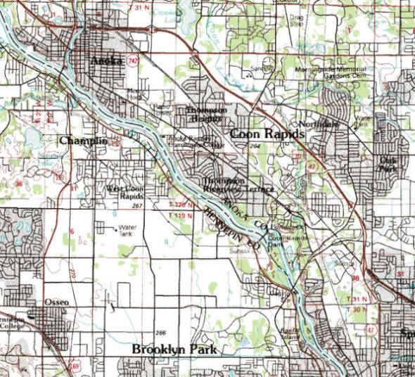 Topographic map of the Coon Rapids Minnesota area