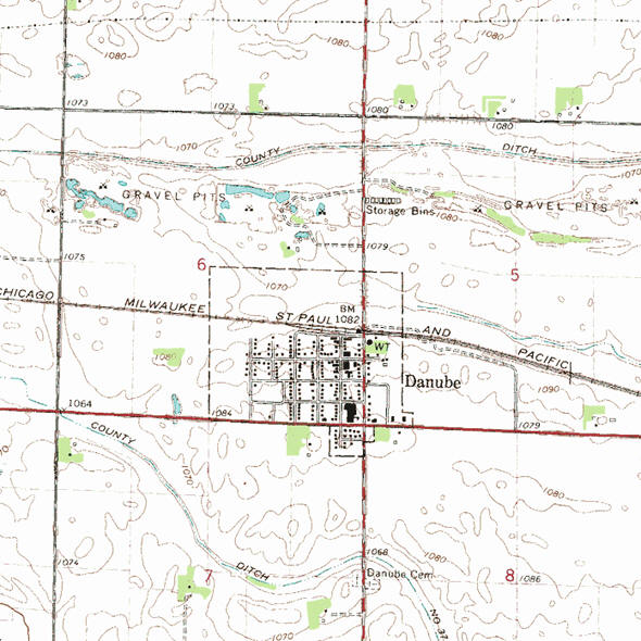 Topographic map of the Danube Minnesota area