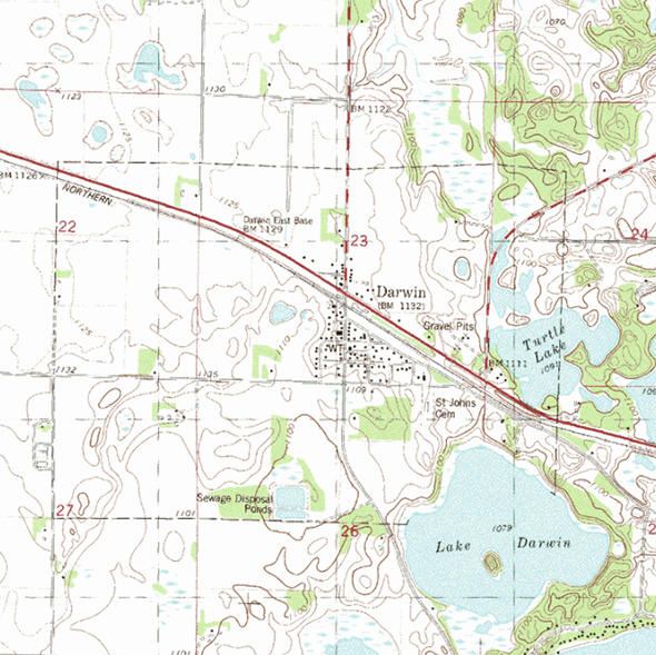 Topographic map of the Darwin Minnesota area