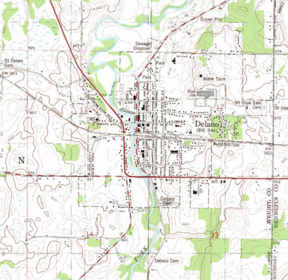 Topographic map of the Delano Minnesota area