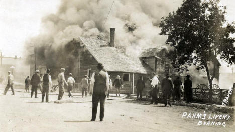 Rahm's Livery burning, Detroit Minnesota, Auguest 13th, 1914