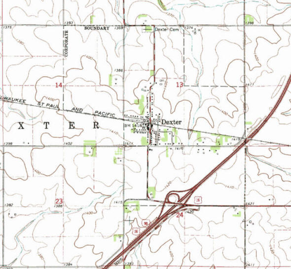 Topographic map of the Dexter Minnesota area