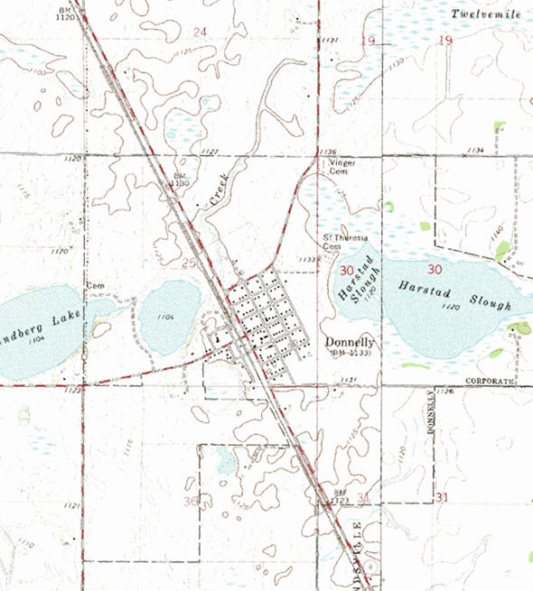 Topographic map of the Donnelly Minnesota area