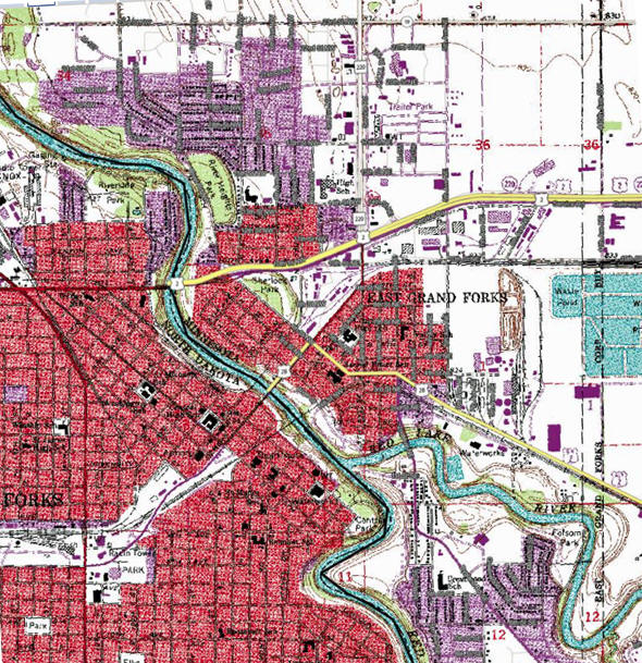 Topographic map of the East Grand Forks Minnesota area