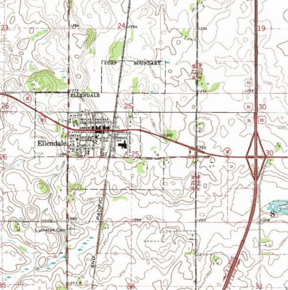 Topographic map of the Ellendale Minnesota area