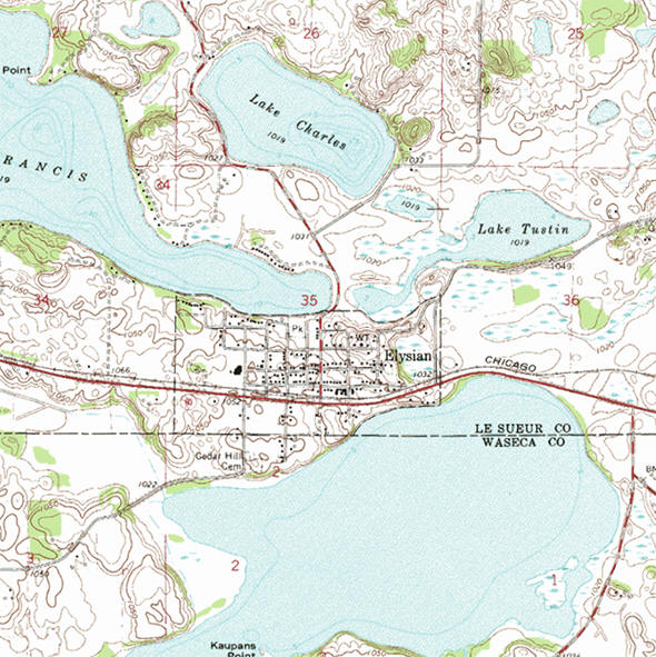 Topographic map of the Elysian Minnesota area