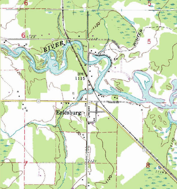 Topographic map of the Ericsburg Minnesota area