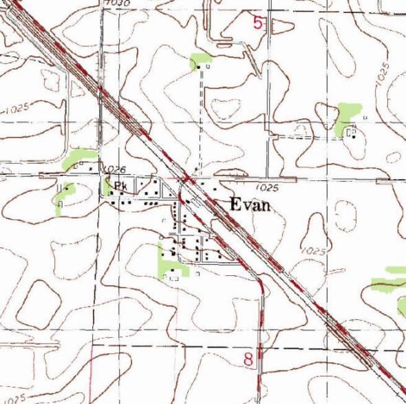 Topographic map of the Evan Minnesota area
