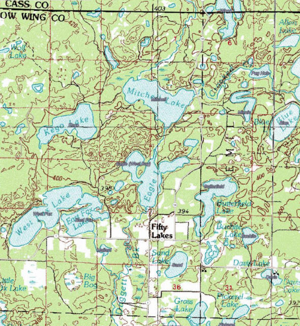 Topographic map of the Fifty Lakes Minnesota area