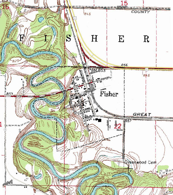 Topographic map of the Fisher Minnesota area