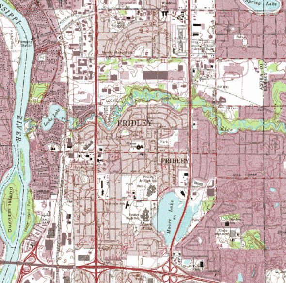 Topographic map of the Fridley Minnesota area