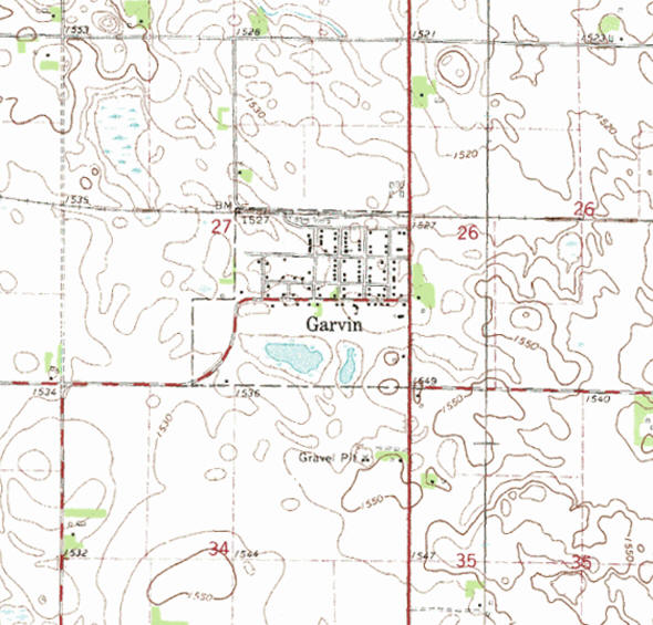 Topographic map of the Garvin Minnesota area