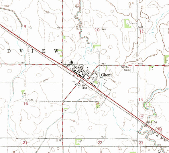 Topographic map of the Ghent Minnesota area