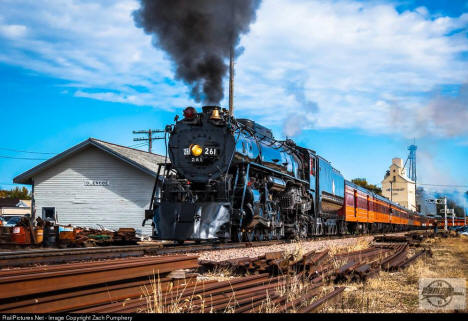 Milwaukee Road 261 stomps past the former MILW Depot in Glencoe, Minnesota, 2016