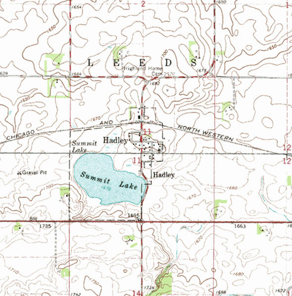 Topographic map of the Hadley Minnesota area