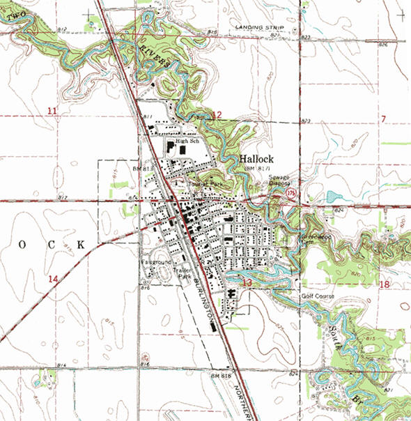 Topographic map of the Hallock Minnesota area
