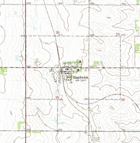 Topographic map of the Hardwick Minnesota area
