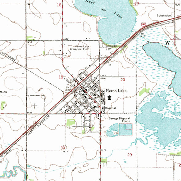 Topographic map of the Heron Lake Minnesota area