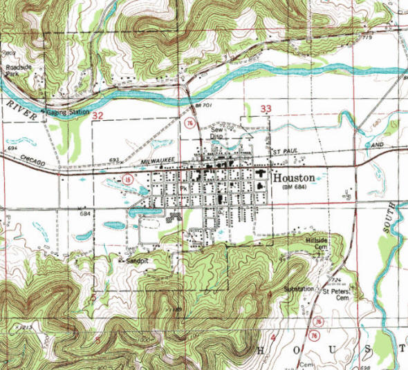 Topographic map of the Houston Minnesota area