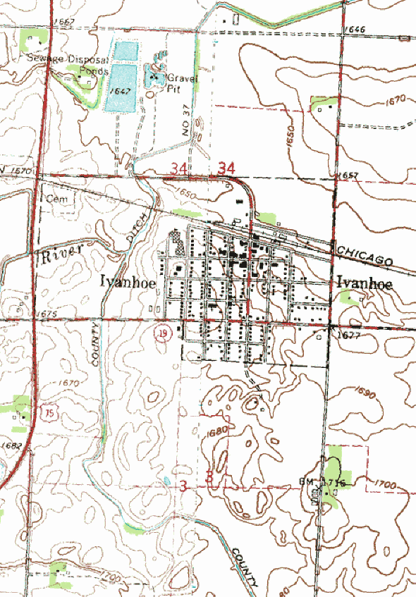 Topographic map of the Ivanhoe Minnesota area