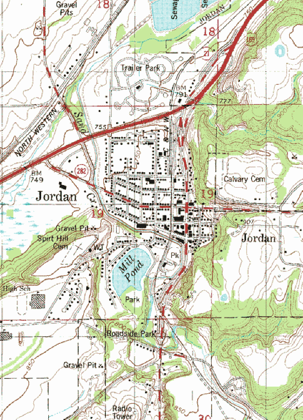 Topographic map of the Jordan Minnesota area