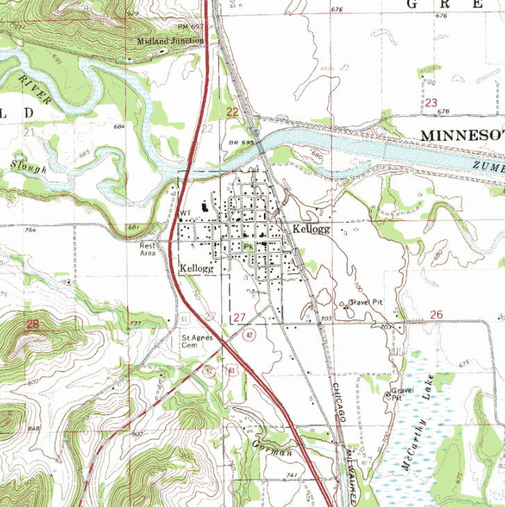 Topographic map of the Kellogg Minnesota area