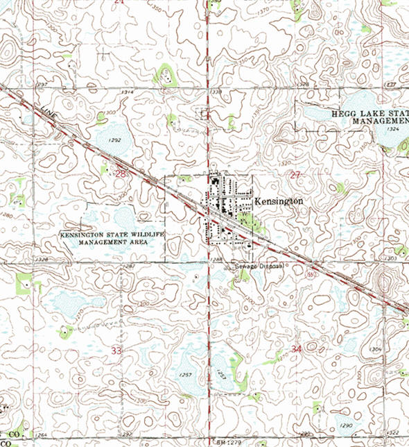 Topographic map of the Kensington Minnesota area