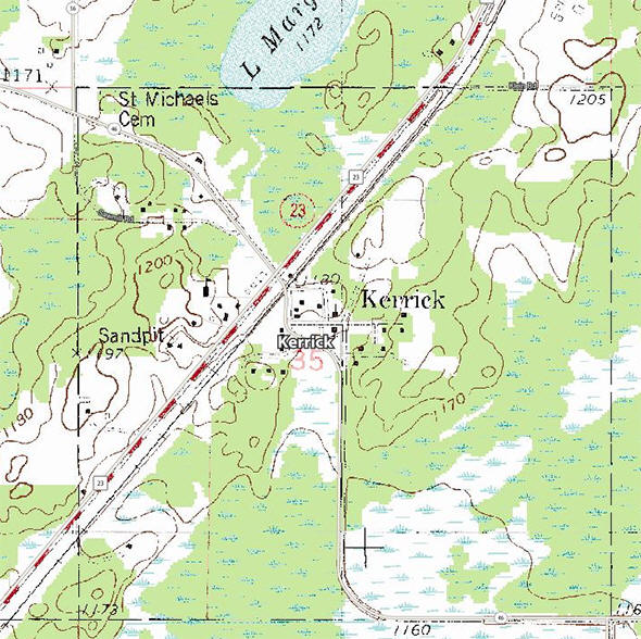 Topographic map of the Kerrick Minnesota area