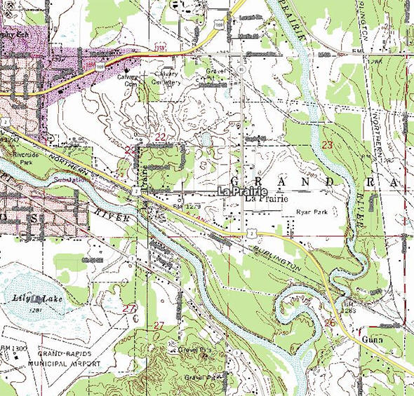 Topographic map of the La Prairie Minnesota area