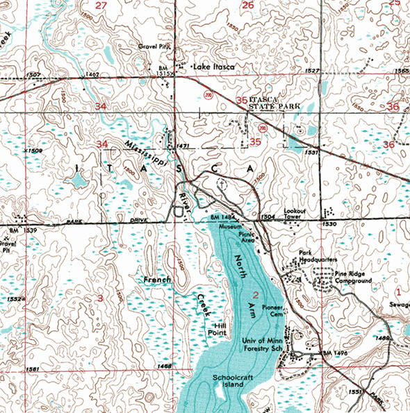 Topographic map of the Lake Itasca Minnesota area