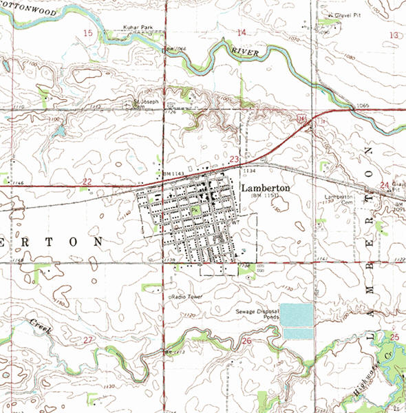 Topographic map of the Lamberton Minnesota area