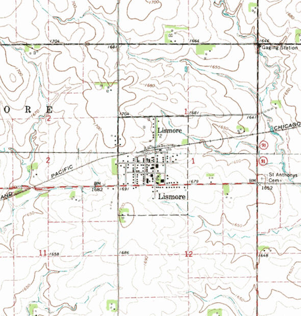 Topographic map of the Lismore Minnesota area