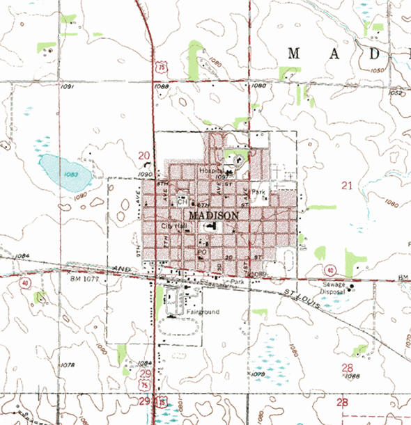 Topographic map of the Madison Minnesota area