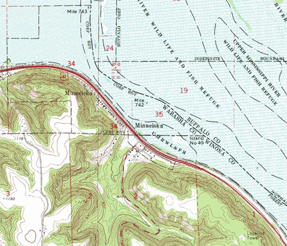 Topographic map of the Minneiska Minnesota area