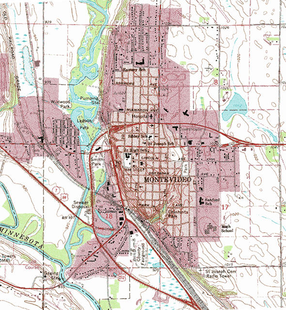 Topographic map of the Montevideo Minnesota area