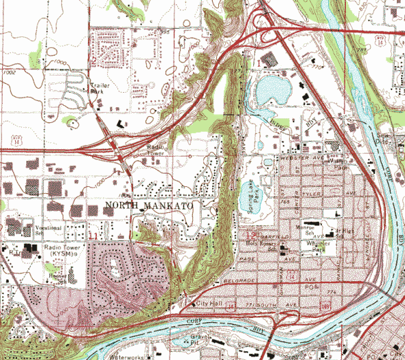 Topographic map of the North Mankato Minnesota area