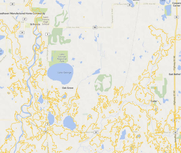 Topographic map of the Oak Grove Minnesota area